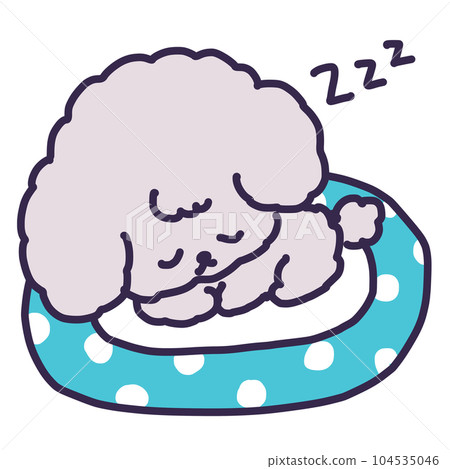 Illustration of a Cute Toy Poodle Puppy Sleeping in a Dog Bed 104535046