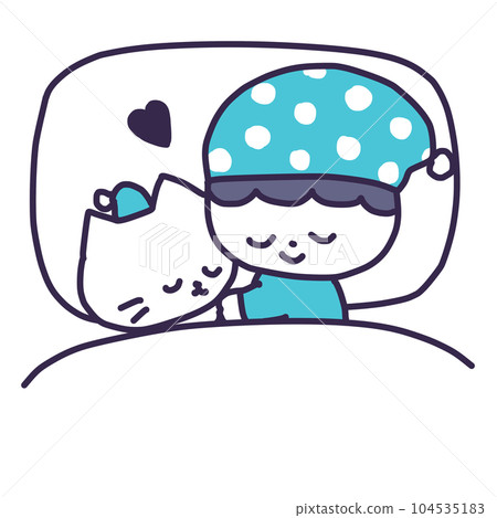 Illustration of a boy wearing a nightcap sleeping with a cute white colored kitten in bed 104535183