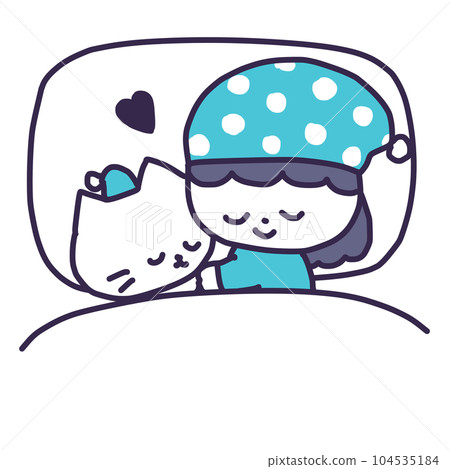 Illustration of a girl wearing a nightcap sleeping with a cute white colored kitten in bed Illustration of a girl wearing a nightcap sleeping with a cute white colored kitten in bed 104535184