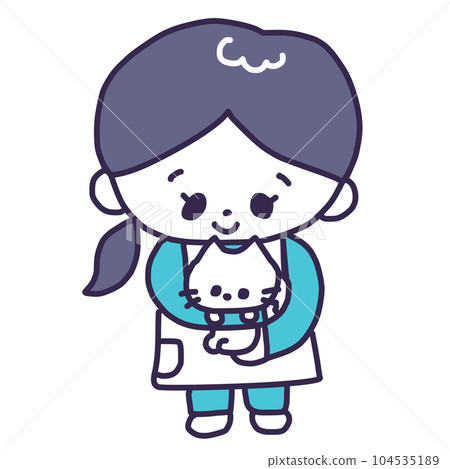 一位女寵物店店員抱著一隻可愛的白色小貓的插圖 104535189