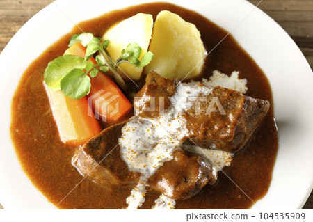 Bird's-eye view of beef stew with watercress, carrots, potatoes and thick-sliced beef tongue with whipped cream Bird's-eye view of beef stew with watercress, carrots, potatoes and thick-sliced beef tongue with whipped cream 104535909