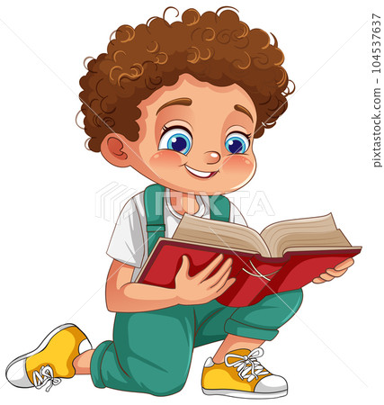Boy with curly hair reading a book 104537637
