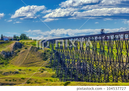 A close up to the Lethbridge Viaduct, commonly known as the High Level Bridge in Lethbridge, Alberta, Canada. A close up to the Lethbridge Viaduct, commonly known as the High Level Bridge in Lethbridge, Alberta, Canada. 104537727