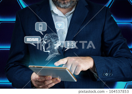 Artificial intelligence, AI chat bot concept. Businessman hands using tablet. ai chatbot infographic 104537853