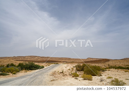 Asphalt road and Negev desert landscape in Israel. Asphalt road and Negev desert landscape in Israel. 104537972