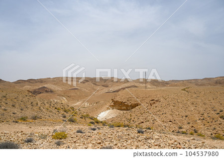 Beautiful dry landscape with colorful sand and cloudy skies in the Negev desert in Israel. Beautiful dry landscape with colorful sand and cloudy skies in the Negev desert in Israel. 104537980
