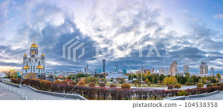 Temple in autumn in beautiful orange sunset light. Temple on Blood, Yekaterinburg, Russia 104538358