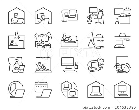 Work from home icon set. It included WFH, work from anywhere, digital nomad, new normal, and more icons. Editable Vector Stroke. Work from home icon set. It included WFH, work from anywhere, digital nomad, new normal, and more icons. Editable Vector Stroke. 104539389