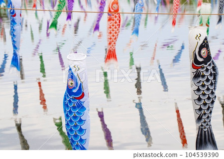 Carp streamers reflected in the river Carp streamers reflected in the river 104539390