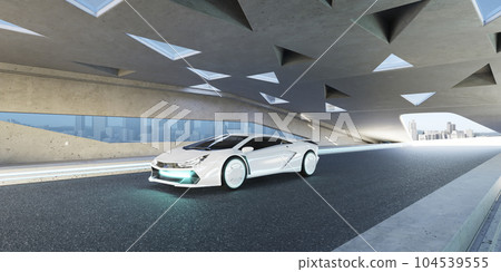 3D Futuristic Electric Car park at asphalt road with modern triangle shape element design building 3D Futuristic Electric Car park at asphalt road with modern triangle shape element design building 104539555