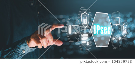 IPSec, Internet and Protection Network Vector concept, Person hand touching IPsec icon on virtual screen. 104539758