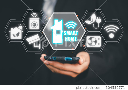 Smart home automation control system, Man hand using smart phone with smart home control icon on VR screen, Innovation technology internet network concept. 104539771
