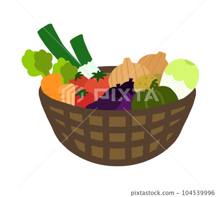 裝滿新鮮採摘（收穫）蔬菜的籃子的插圖 104539996