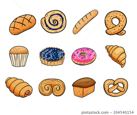 Bread, donut and croissant cartoon set. Colorful sweet isolated on white background. 104540154