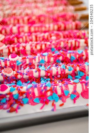 Drizzling melted chocolate over chocolate-dipped pretzels rods and decorating with sprinkles to make chocolate-covered pretzel rods for Valentine's Day. Drizzling melted chocolate over chocolate-dipped pretzels rods and decorating with sprinkles to make chocolate-covered pretzel rods for Valentine's Day. 104540235