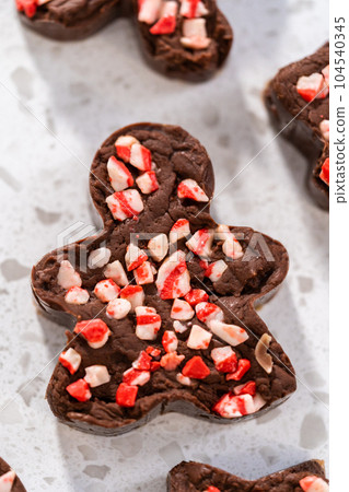 Freshly made Christmas cookie-cutter peppermint fudge on the kitchen counter. 104540345