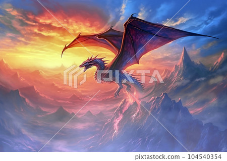 Winged dragon in a fantastic rocky landscape against a blue and red sky, made with generative ai Winged dragon in a fantastic rocky landscape against a blue and red sky, made with generative ai 104540354