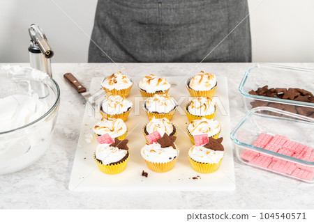 Frosting s'mores cupcakes with white meringue frosting. Frosting s'mores cupcakes with white meringue frosting. 104540571