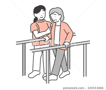 Vector illustration material of a senior woman and an instructor who assists walking training / rehabilitation 104541666