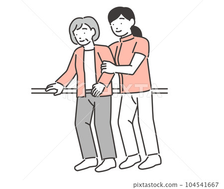 一名高級婦女和一名協助步行訓練/康復的教練的矢量圖解材料 104541667