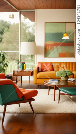Mid-century stylish living room with modern-style light Mid-century stylish living room with modern-style light 104541792