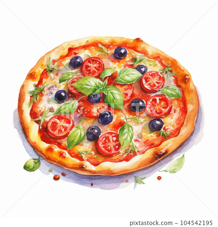 Tomato and basil pizza watercolor AI image 104542195