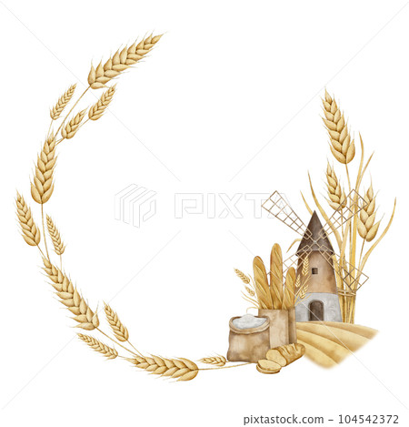 Bakery frame with wheat, rye, grains, windmill, rispy French baguettes in craft bag, sliced fresh bread and flour sack. Hand drawn watercolor illustration of ripe cereals. Wreath for packaging and Bakery frame with wheat, rye, grains, windmill, rispy French baguettes in craft bag, sliced fresh bread and flour sack. Hand drawn watercolor illustration of ripe cereals. Wreath for packaging and 104542372