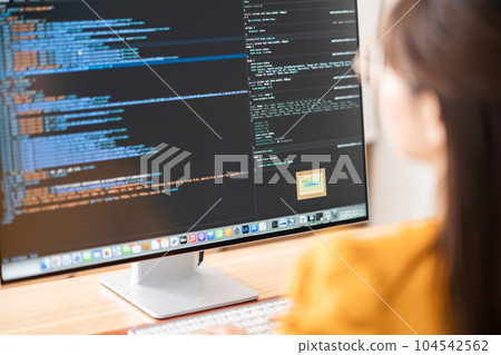 Female IT engineer confirming programming, faceless Female IT engineer confirming programming, faceless 104542562