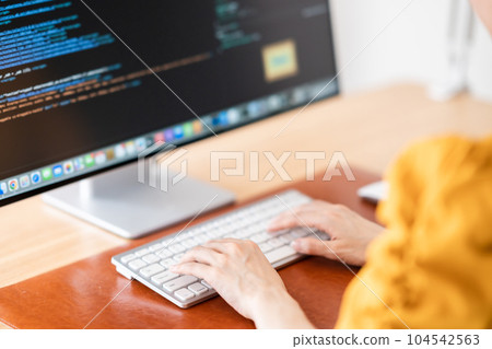 Female IT engineer confirming programming, faceless 104542563