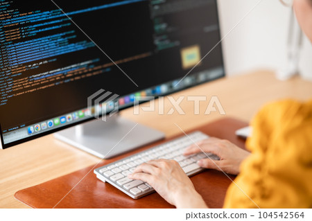 Female IT engineer confirming programming, faceless 104542564