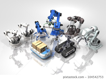 Industrial robot, robot hand, sucker robot, unmanned transport, welding, luggage moving robot (3DCG image) Industrial robot, robot hand, sucker robot, unmanned transport, welding, luggage moving robot (3DCG image) 104542753