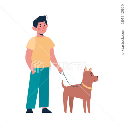 Boy walking with funny dog. A child in casual clothes holding a puppy on a leash. An active walk in the fresh air. Vector in flat style, cartoon character isolated on white background. 104542999