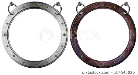 Metal Portholes Hanging from a Steel Ring Isolated on White 104543820