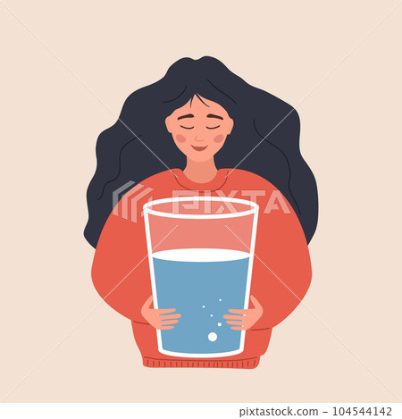 Water balance. Thirsty woman hold large glass of clean water. Morning routine. Useful habit, diet and healthy lifestyle. Maintaining daily rate in body. Vector illustration in flat cartoon style 104544142