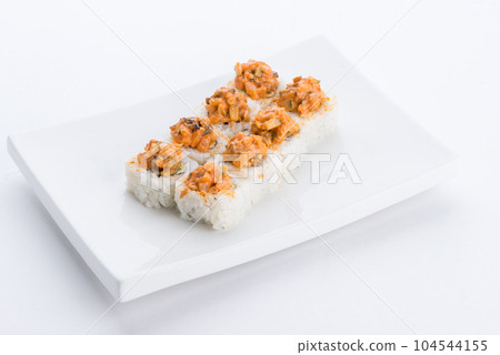 Japanese food restaurant, sushi maki gunkan roll plate or platter set. Sushi set and composition 104544155