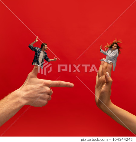 Creative collage with hands. Young man emotionally shouting at woman, loudly expressing negative feelings and disagreement Creative collage with hands. Young man emotionally shouting at woman, loudly expressing negative feelings and disagreement 104544245