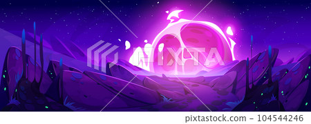 Alien planet cartoon landscape with pink meteor Alien planet cartoon landscape with pink meteor 104544246