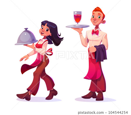 Waiter and waitress serving food and drink 104544254