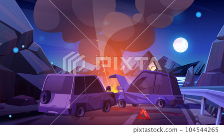 Night car crash on mountain road traffic vector 104544265