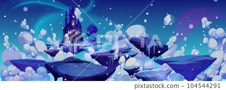 Frozen magic princess castle with snow in winter Frozen magic princess castle with snow in winter 104544291