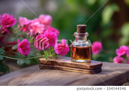 Fragrant Rose Geranium Essential Oil in small transparent glass Bottle on a wooden surface next to fresh Pink Geranium Flowers in full bloom, Garden background with Copy space. Fragrant Rose Geranium Essential Oil in small transparent glass Bottle on a wooden surface next to fresh Pink Geranium Flowers in full bloom, Garden background with Copy space. 104544346