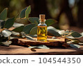 Eucalyptus Essential Oil in a small transparent glass bottle next to Eucalyptus Leaves on wooden surface with outdoor background. 104544350
