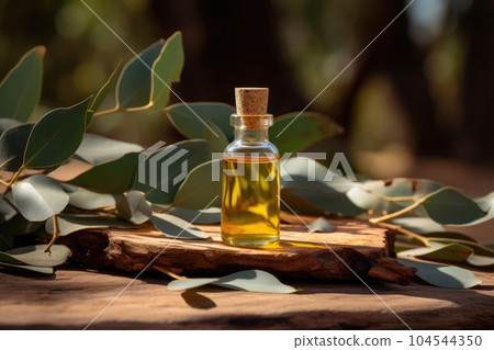 Eucalyptus Essential Oil in a small transparent glass bottle next to Eucalyptus Leaves on wooden surface with outdoor background. Eucalyptus Essential Oil in a small transparent glass bottle next to Eucalyptus Leaves on wooden surface with outdoor background. 104544350