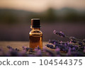 Fragrant Lavender Essential Oil in small brown glass Bottle on a wooden surface next to fresh Lavandula Flowers, field background. 104544375