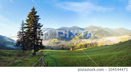 Summer misty mountain village (countryside landscape). Summer misty mountain village (countryside landscape). 104544471