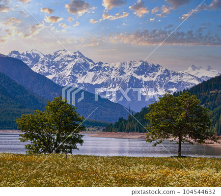 Reschensee summer landscape (Austria). Reschensee summer landscape (Austria). 104544632