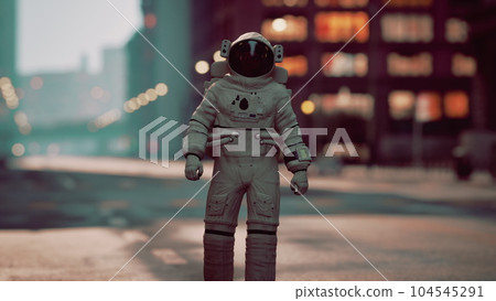 lonely astronaut in deserted city 104545291