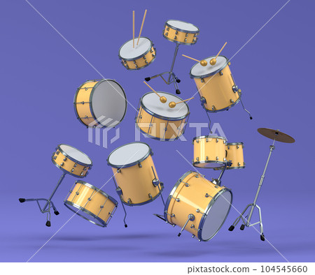 Set of drums and drumset with metal cymbals on purple background Set of drums and drumset with metal cymbals on purple background 104545660