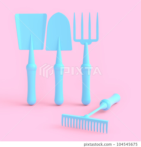 Garden shovel, pitchfork and rake on monochrome background, camping concept Garden shovel, pitchfork and rake on monochrome background, camping concept 104545675