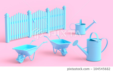 Garden wheelbarrow with garden tools like shovel, rake and fork on monochrome 104545682